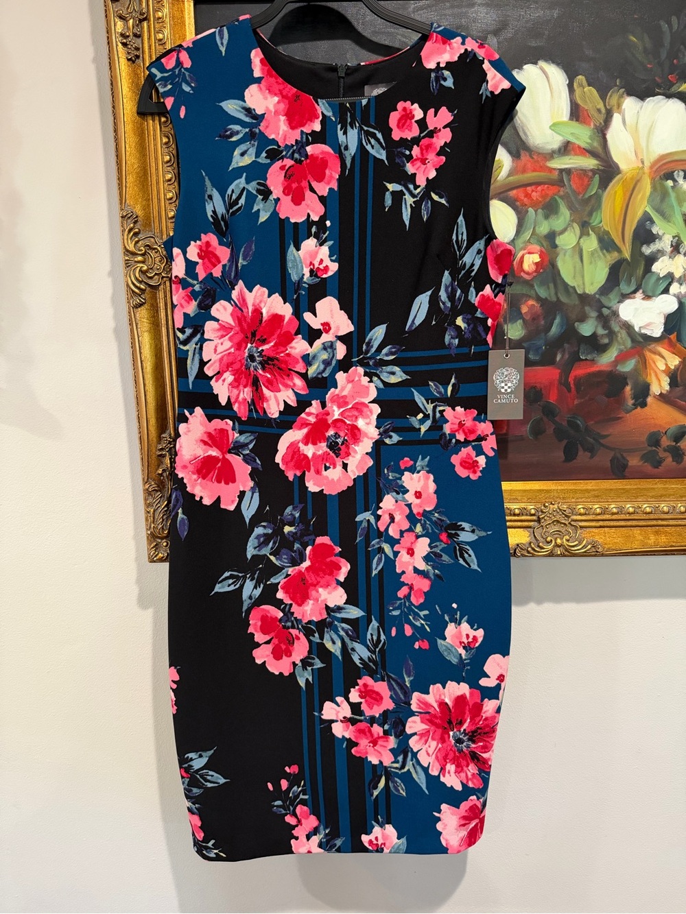 Vince Camuto Black & Blue Midi Sheath Dress with Pink Floral Print